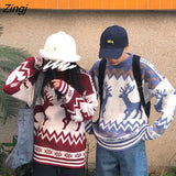 Women Christmas Warm Knitted Long Sleeve Autumn New Pullovers Couple Chic Patchwork O-Neck College Japanese Style