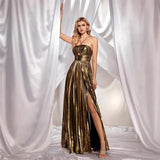 Women's Clothing Hanging Neck Dress Sexy Evening Dress Forked Sleeveless Gold Showback