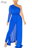 Women Fashion Elegant Casual One Shoulder Plain Sheer Mesh Jumpsuit Long Sleeve Chic Mesh Solid Elegance