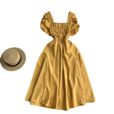 Zingj Vacation Wind French Retro Square Collar Waist Dress Female Summer Design Sense Bubble Short Sleeve Fairy