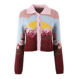 Women's New Color Print Short Long-Sleeved Knitted Cardigan Sweater