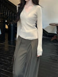 Tea Color V-Neck Knitted Shirt Slimy Temperament Fashion Thin Inside The Bottom Shirt Tight Cashmere Sweater