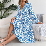 2025 Elegant Broken Flower Cross V Receive Waist Lotus Leaf Side Dress Women's