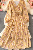 Autumn Women Floral Chiffon Midi Dress Vintage V-Neck Flare Long Sleeve High Waist A-Line Vestidos Female New