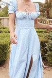 Women Floral Print Long Dress Summer Chic Short Sleeve Square Collar Split A Line Party Sundress Ladies Holiday Beach