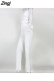 Women Elegant Jumpsuit One Shoulder Spaghetti Straps Solid Color Lace Open Back OnePiece Wide-leg Jumpsuits Long