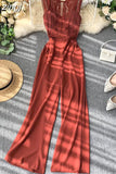 Women Hollow Out Lace Romper Female Black/Yellow/Red Round Neck Sleeveless High Waist Patchwork Wide Leg Jumpsuits