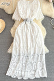 Women Vintage Purple/Red/White Hollow Lace Party Maxi Dress Female Elegant Round Neck Short Sleeve Slim Robe New