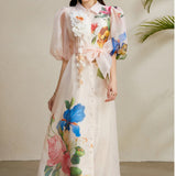 Elegant Dress Women's Summer Court Wind Strap To The Waist Three-Dimensional Flower Lantern Sleeve Print Mesh