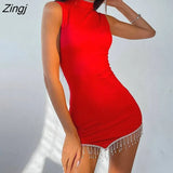 Women Summer Sexy Sundress Contrast Color Rhinestones Round Neck Sleeveless Mini Dress for Women White/Red/Black