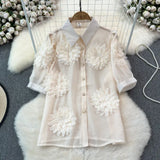 Zingj Heavy Industry Three-Dimensional Flower Splicing Bubble Sleeve Super Fairy Short Sleeve Shirt Fashion Loose Micro Transparent Temperament Jacket
