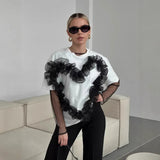 Eogen Yarn Folded Spliced T-Shirt Women Fashion In Wind Collar Loose Cotton