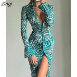 Print Sexy V Neck Maxi Dress Women Green Long Sleeve Single Breasted Female Dress Autumn Skinny Club Party Vestidos