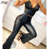 Autumn Spring Women V-Neck Sexy Eyelash Lace Sleeveless PU Leather Spaghetti Strap Crop Top & Flared Pants Set Suit
