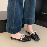 Version Of Baotou Pearl Half Slippers Women Wear 2025 Summer New One-Legged Lazy Shoes Square Casual Single