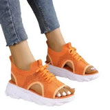 Spring And Summer New Sloping Sandals Women Large Size Flying Breathable Net Cloth Hollow Loose Fish Mouth