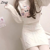 Piece Set Sweet Lolita Style Skirt Sets O-Neck Full Sleeve Casual Crop Tops Kawaii Embroidery Sweaters +Mini Knitted