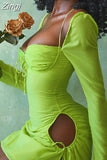 New Summer Long Sleeve Bodycon Dress Square Collar Mini Mesh Dress Lovely Birthday Party Pink Outfits