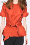 New Summer Shirt Women Tops Office Lady Short Sleeve Blouse O-neck Orange Shirts Fashion Lace-up Clothes Blusa Mujer