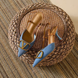 Early Autumn French Lady Wind Tip Fine Heel Single-Shoe Temperament Denim Behind The Empty Pedal Women's High
