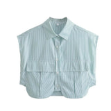 Color Y2K Women's Big Pocket Splicing Irregular Cardigan Polo Collar Shirt Top