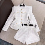 New Autumn And Winter Small Fragrant White Bright Silk Coarse Flowers Jacket Shorts Set Two