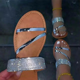 Large-Size Water Drill Flat-Bottomed Toe Slippers Women Wear Metal Texture Beach Cool Slippers