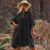 Women's Loose Solid Color Polo Collar Holiday Leisure Buttons Literary Style Fashion Dress