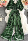 Sexy Polka Dot Romper Women Elegant V-Neck Puff Short Sleeve High Waist Jumpsuit Female Loose Wide Leg Playsuits