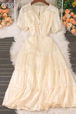 Women Beading Party Dress Vintage V-Neck Short Puff Sleeve High Waist Ruffle Draped Robe Vacation Beach Vestidos 2023