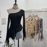Tie-Dye-Print Oblique Shoulder Dress Repair Irregular Lotus Horn Long-Sleeved Mesh T-Shirt