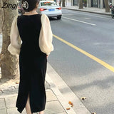 Sleeve Dress Women Chic Elegant Ulzzang Female Casual Patchwork Party Retro Lovely Streetwear Autumn V-neck Mid-calf
