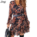 Women’s Spring Autumn Casual Long Sleeve Chiffon Dress Vintage Style Flower Print Tie-up V-neck High Waist Ruffles