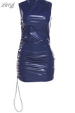 Fashion Faux PU Leather Bodycon Mini Dress Women Sleeveless Turtleneck Body-Shaping Drawstring Robe Female Hip