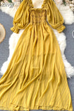 Beach Chiffon Long Dress Elegant Solid Lantern Sleeve High Waist Women Maxi Dress Party Club Ladies Vestidos 2023