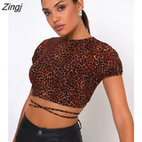 Women’s Fashion Printing Slim Short T-shirt Short Sleeve Backless Drawstring Lace-up Bandage Crop Tops Summer Basic