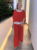 New Solid-Color Suit Round-Collar Sleb Set Of Bright Bat Shirt Wide Leg Trousers Set For