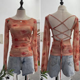 Print Repair Body Clothes Bump Color Mesh Strapd To The Big Bare Back Long-Sleeved Bottom Shirt T-Shirt