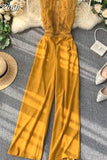 Women Hollow Out Lace Romper Female Black/Yellow/Red Round Neck Sleeveless High Waist Patchwork Wide Leg Jumpsuits