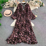Elegant Dress Women Fashion Nail Drill Hollow Round Long Sleeves Loose Thin Leopard Embossed