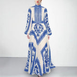 Collar Lantern Sleeve Positioning Printing Waist 100 Folds Long Dress Dress Women's Dress 2025