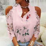 Hollow Out Printed Blouses V-Neck Short Sleeve Lace Shirts Summer Female Strapless Blouse Women Casual Tops Elegant