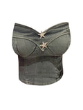Women Summer Y2k Denim Camisole Star Crop Top Off Shoulder Sexy Streetwear Vintage Chic Strapless Tube Top Girl Fashion Tank