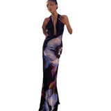 Women's Clothing 2025 New Digital Printing Sexy Hanging Collar Long Mid-Long Dress