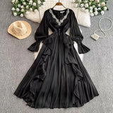 High-End Elegant Dress Women Fashion Heavy Industry Embroidery Stender V Collar Waist Temperament Court Style Long