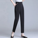 Women 2023 Spring Stretch Solid Suit Trousers Women Black Ankle-length High Waist Oversize Pants with Pocket Woman