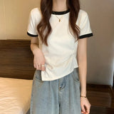 Zingj Female 2024 New Summer Design Sense Contrast Color T-Shirt Fashion Chic Irregular Short Student
