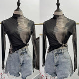 Shooting Wave Side Half-High Collar Net Yarn Dyed Long Sleeve Thin Inside The Bottom Shirt Autumn And Winter Folded T-Shirt
