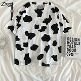 Sleeve T-shirts Women Cow Pattern Printed Harajuku Casual Sweet Girls Cute Kawaii Ins 2XL Soft Loose Fashion Chic New