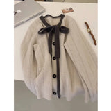 Goods Heavy Industry Korean Version Of Lazy Wind Apricots Bow Round Knitted Sweater Coat Women's Autumn And Winter 2025
